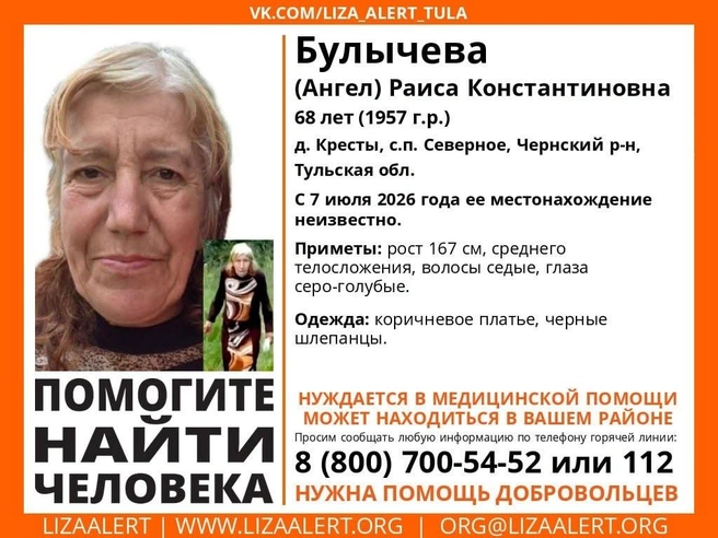 Ориентировка на пропавшую женщину | Источник: ДПСО «ЛизаАлерт» Тульской области / ВКонтакте