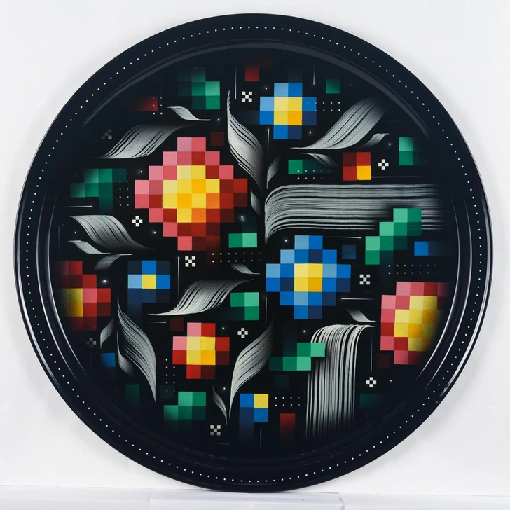 Поднос из серии «Пиксельный букет». Московская область, деревня Жостово. 2022. Автор росписи — Д. Ю. Ламонов. Металл, масло, лак; штамповка, аэрография, каллиграфия. Диаметр 50 см. Из коллекции Жостовской фабрики декоративной росписи | Источник: Пресс-служба выставки