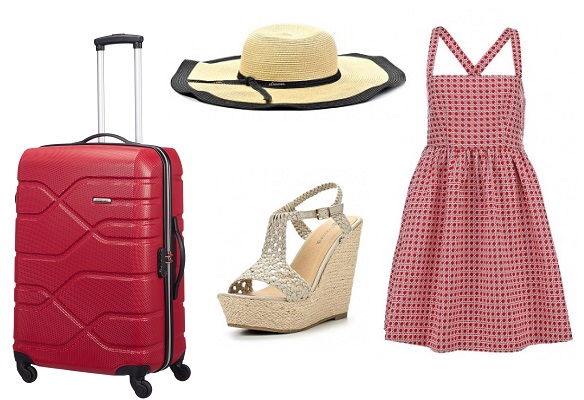 Чемодан American Tourister коллекция Houston City, Шляпа Canoe, Босоножки T.Raccardi by Kari, Платье Naf Naf | Источник: Архив пресс-служб