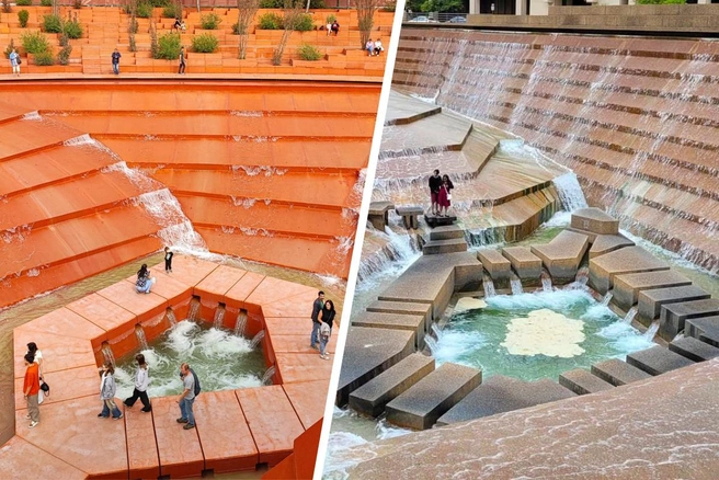 Слева — Парк облаков в Краснодаре, справа — парк Water Gardens в Техасе | Источник: РашнЮГ | Путешествия по Югу России / T.me; fortworth.com