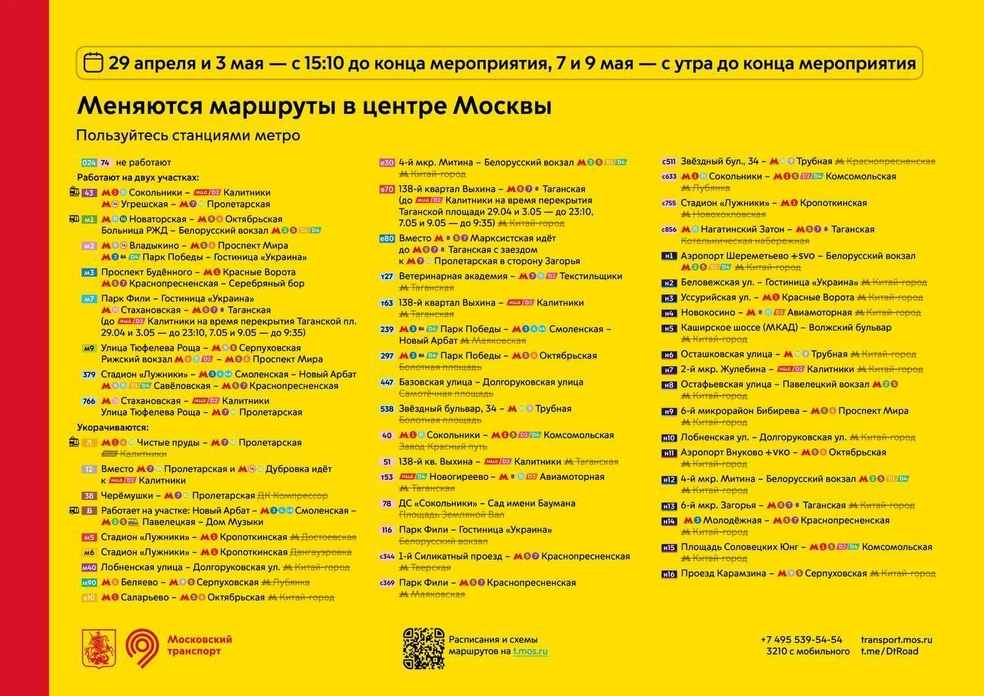 Как будет работать городской транспорт 29 апреля и 3 мая в центре Москвы | Источник: Дептранс. Оперативно / T.me