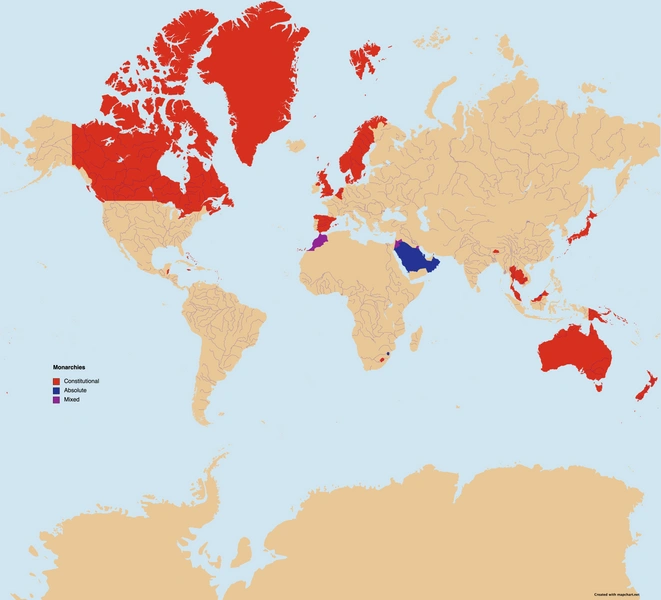 Карта мира, на которой цветами отмечены страны с конституционной (красным), абсолютной (синим) и промежуточной между ними (фиолетовым) монархией | Источник: reddit.com
