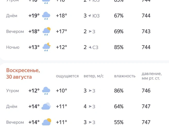 Последние выходные лета ожидаются дождливыми | Источник: yandex.ru/pogoda