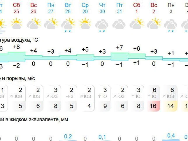 В последние дни выходных прогнозируются снег и дождь. | Источник: Gismeteo