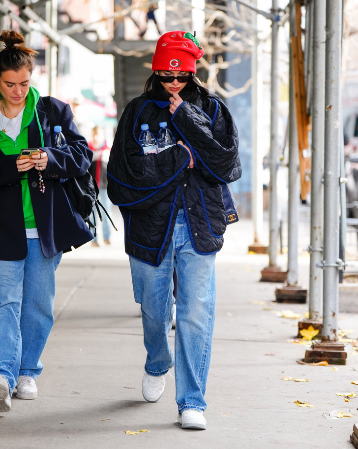 Дуа Липа в шапке-клубнике и стеганой куртке гуляет по Нью-Йорку