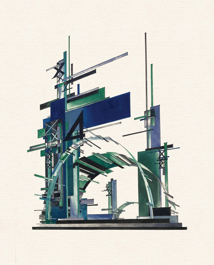 Я. Чернихов. «Пространственно-сложная театральная цветовая композиция № 236» из цикла «Архитектурные фантазии». 1929-1932, Архитектурный благотворительный фонд имени Якова Чернихова | Источник: фонд имени Якова Чернихова 