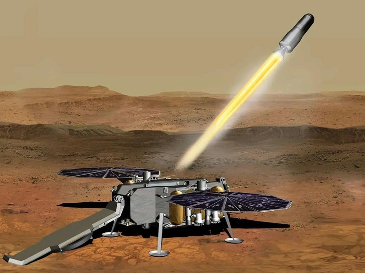 Иллюстрация взлета с Марса ракеты с образцами породы и грунта | Источник: NASA/JPL-Caltech
