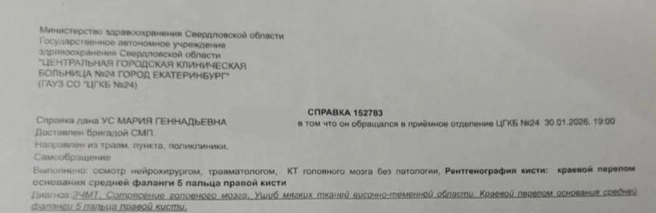 Наличие сотрясения головоного мозга и перелома фаланги подтверждается справкой | Источник: читатель E1.RU