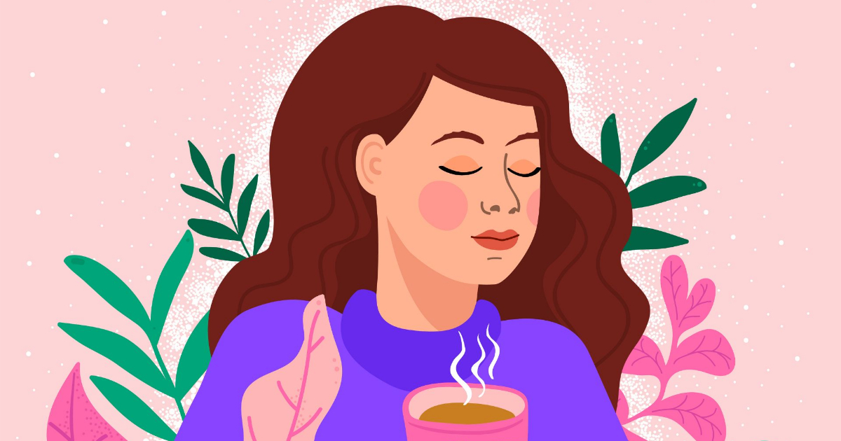 Throat 5. Женщина с чаем сбоку рисунок. Девушка нарисованная с кружкой чая розовый цветок. Fairy woman with a Cup of Tea. Selfcare Wallpaper.