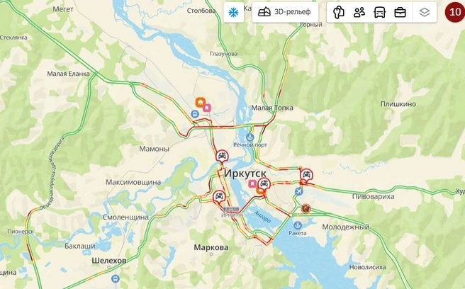 В Иркутске снова 10-балльные пробки | Источник: 2ГИС