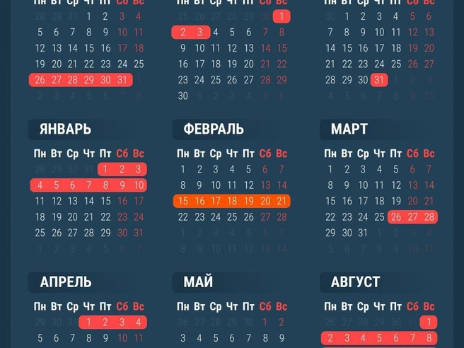 Даты каникул отмечены в инфографике | Источник: Филипп Сапегин / E1.RU