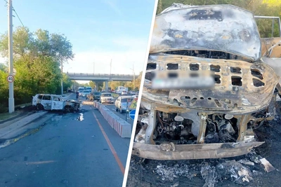 В Оренбурге «Тойота» сгорела после удара об ограждение