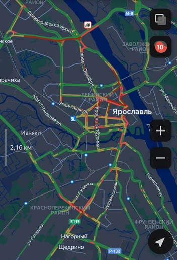 В вечерний час пик в городе загруженность на дорогах составляла 10 баллов | Источник: Яндекс. Карты