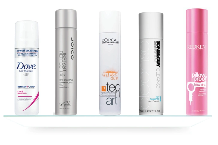 Сухой шампунь Refresh+Care, Dove; сухой шампунь Instant Refresh, Joico; сухой шампунь Fresh Dust, L’Oréal Professionnel; сухой шампунь Cleanse Dry Shampoo, Toni&Guy; сухой финиш-шампунь Pillow Proof Blow Dry Extender, Redken