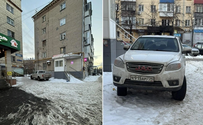 Еще одна проблема: «персональные места». По словам жителей дома Плеханова, 45, этот пикап JAC стоит так круглогодично, летом заезжая через бордюр. Войдет ли он на эвакуатор? | Источник: читатель 74.RU
