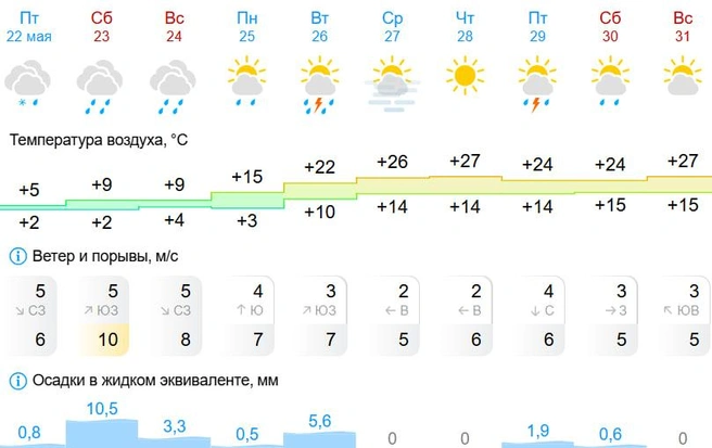 Во вторник и пятницу ожидается гроза | Источник: Gismeteo