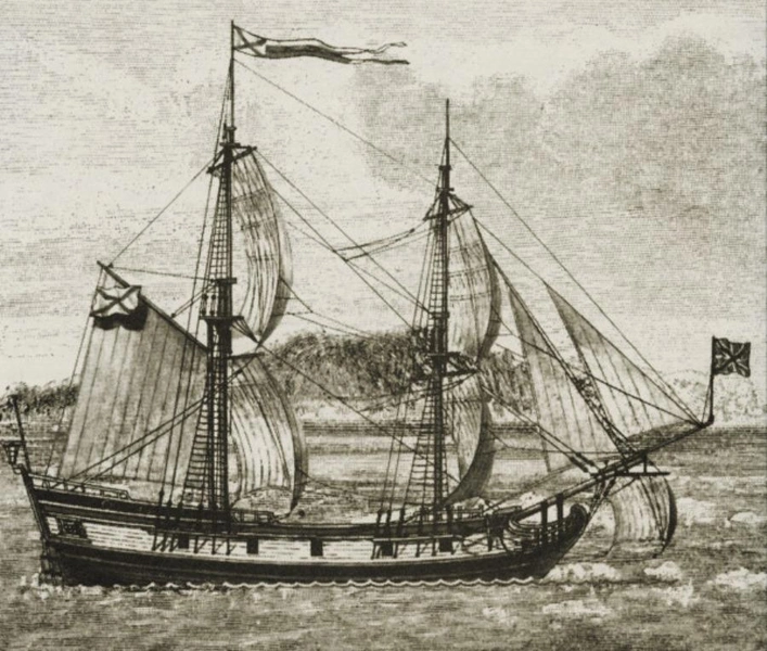 Пакетбот «Святой Петр» на рисунке неизвестного автора XIX века | Источник: Wikimedia Commons