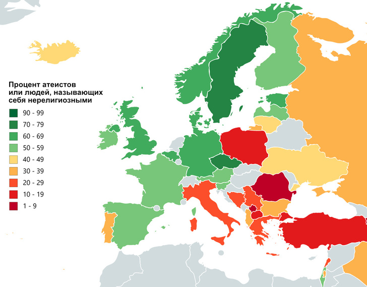 Карта: Сколько атеистов в странах Европы и в России