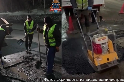 В Петропавловске ямы ремонтируют литым бетоном