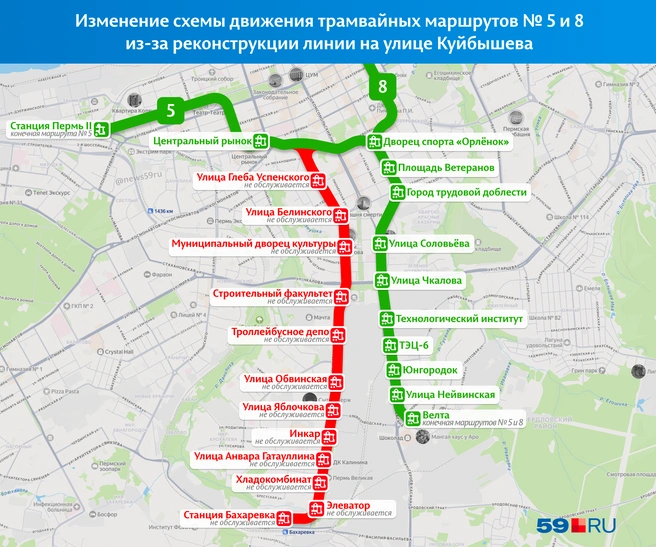 Трамваи 5-го и 8-го маршрутов перенаправят с улицы Куйбышева на Сибирскую, Чернышевского и Героев Хасана до Велты | Источник: «Яндекс Карты»; Кирилл Хафизов / 59.RU