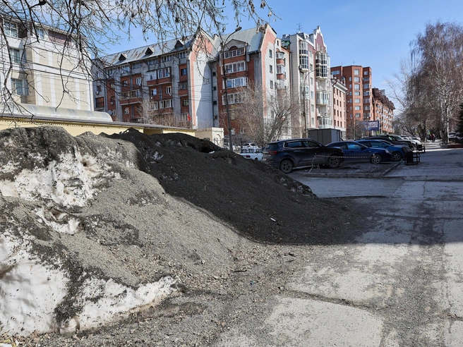 Самый крупный сохранившийся сугроб в центре города находится на улице Максима Горького. | Источник: Александр Ощепков / NGS.RU