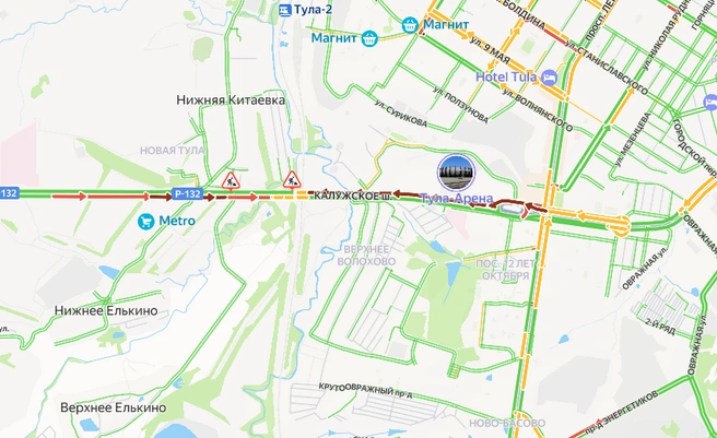 Вечером на Калужском шоссе по-прежнему сильнейшая пробка | Источник: yandex.ru/maps