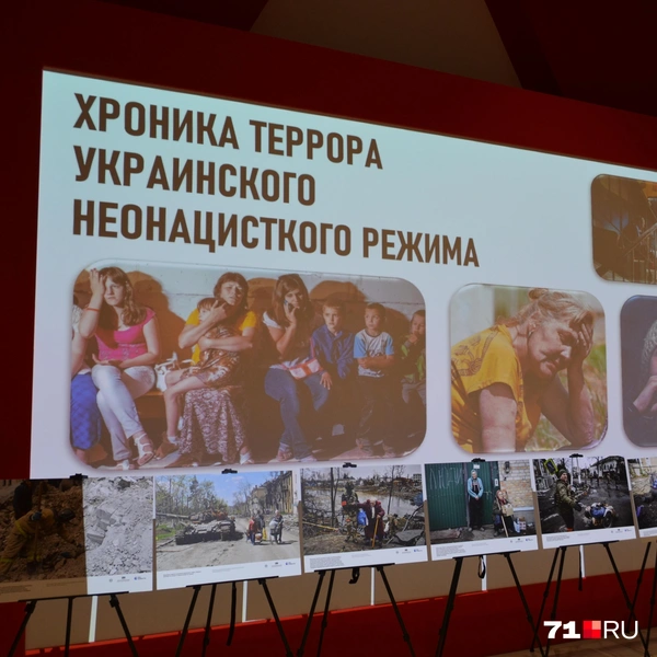 На выставке было представлено множество фотографий из разрушенных населенных пунктов ЛНР, ДНР и Курской области | Источник: Максим Улитов / 71.RU