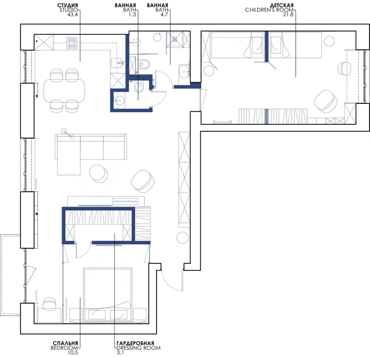 Современная квартира 87 м² для большой семьи