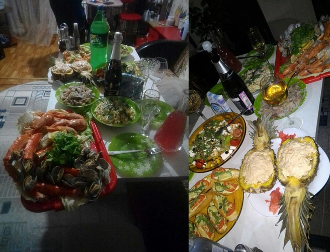 Богатый стол с морепродуктами и салатом в ананасе от нашей читательницы Розы