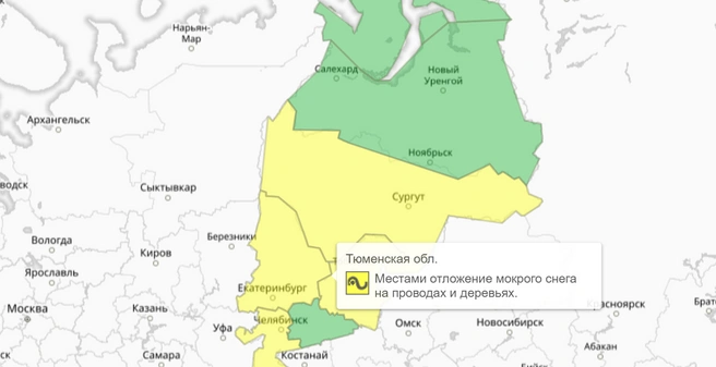 Желтый цвет на карте синоптиков указывает на территории, где прогнозируется потенциально опасная погода | Источник: meteoinfo.ru