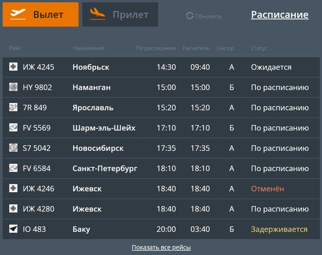 Два рейса задерживается, ещё один заменили на другой | Источник: сайт международного аэропорта «Пермь»