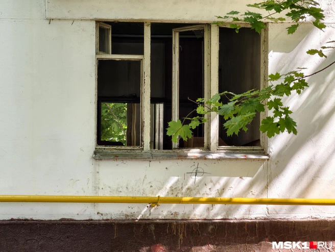 В одной из квартир расселенного дома в Царицыно вандалы выбили окна и теперь видно сквозной проход | Источник: Дмитрий Бондарев / MSK1.RU
