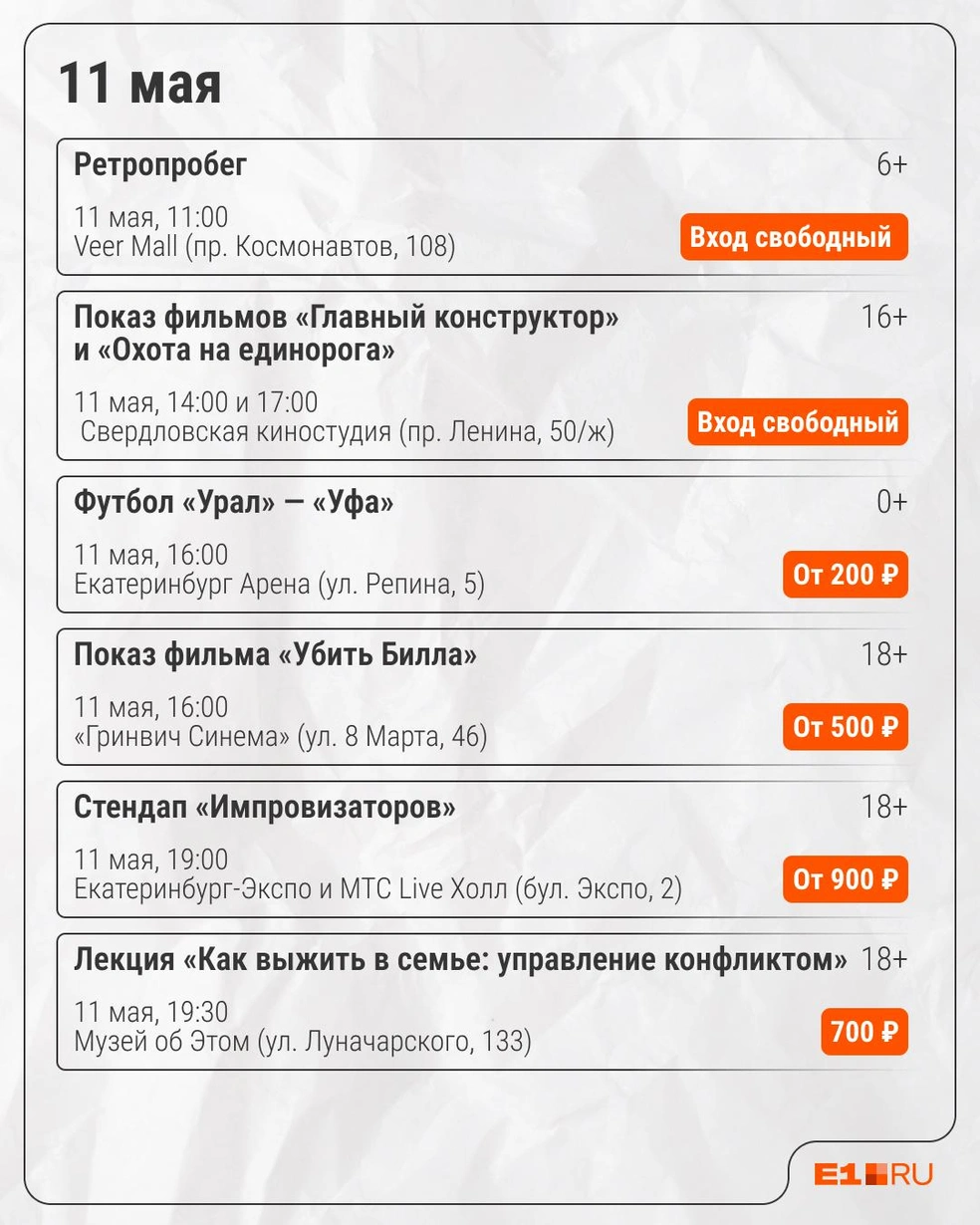 11 мая очень разнообразная программа: будут и спортивные мероприятия, и лекции, и юмор | Источник: Максим Бутусов / E1.RU