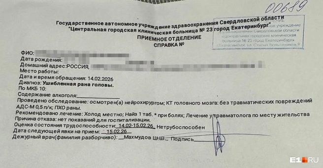 Максиму зашили рану и поставили диагноз «ушибленная рана головы» | Источник: читательница E1.RU