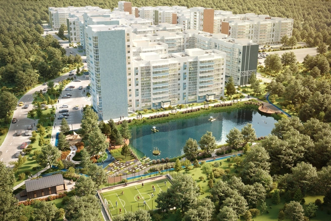 Инфраструктура ЖК будет включать детский сад и благоустроенное озеро с набережной для семейного отдыха | Источник: «СтройПанельКомплект»