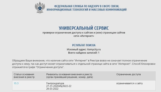 Сайт itsmycity.ru заблокирован, сообщается на сайте Роскомнадзора | Источник: Rkn.gov.ru