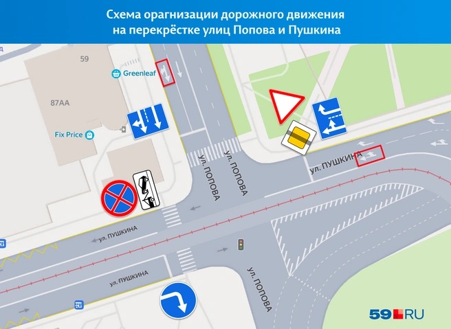 Проехать по Пушкина в сторону Борчанинова можно только в левой полосе | Источник: «Яндекс Карты»