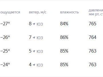 По разным прогнозам, ощущаемая температура днём 31 декабря составит от -24 до -27°C | Источник: «Яндекс Погода»