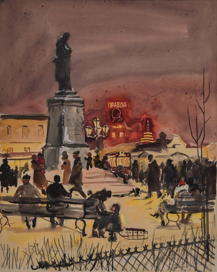 А. Пластов. «У памятника А. С. Пушкина». Начало 1930-х годов. Бумага, акварель, гуашь | Источник: пресс-служба выставки