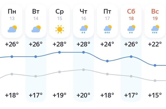 Ночные температуры составят +15…+20 градусов | Источник: yandex.ru/pogoda