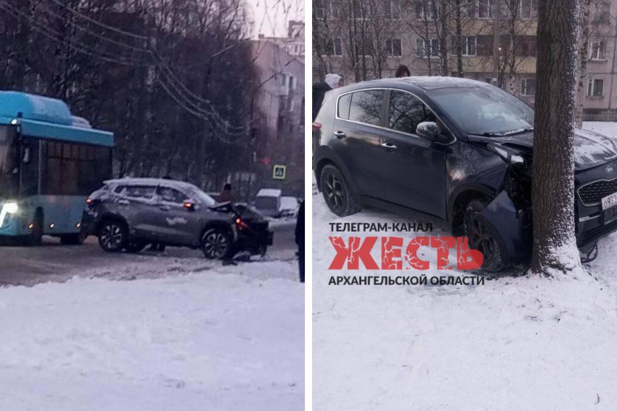 В Архангельске столкнулись два автомобиля. Один из них врезался в дерево