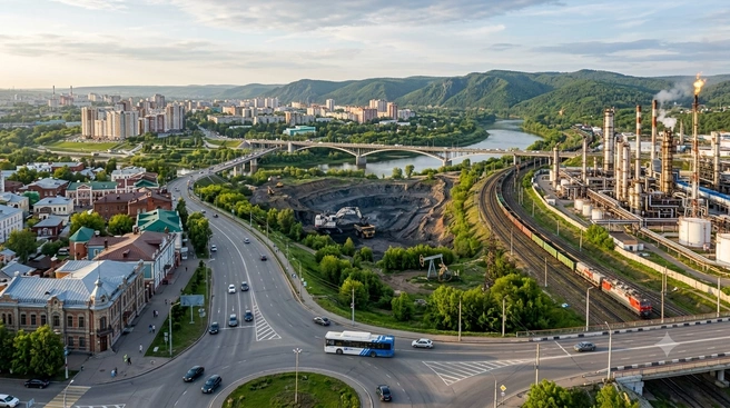 Так нейросеть увидела города Башкирии: купеческие особняки, автобус, железная дорога, горы, уголь, нефтехим | Источник: gemini.google.com