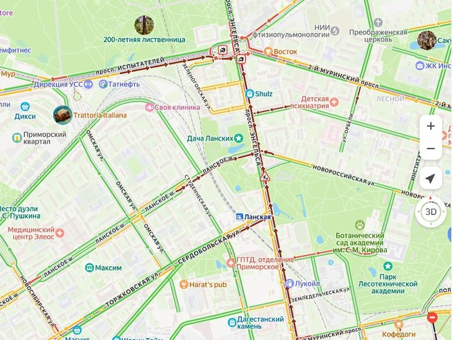 Проспект Энгельса встал в пробке в сторону Светлановской площади | Источник: «Яндекс. Карты»