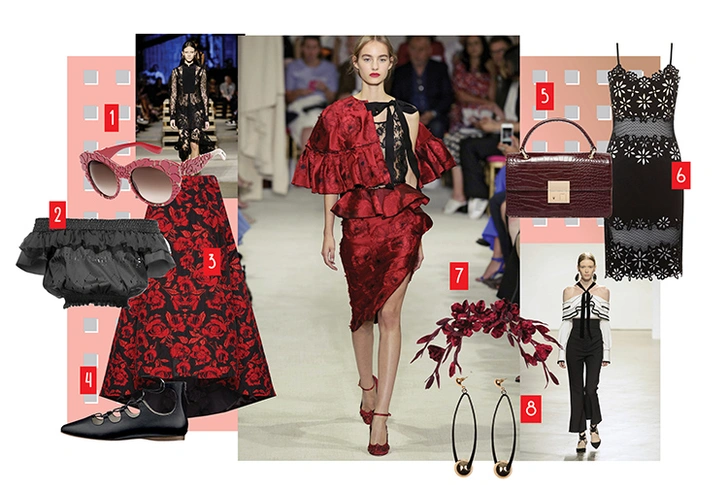 1. Очки, Dolce & Gabanna, 32 100 руб. 2. Топ, Pinko, 10 100 руб. 3. Юбка, Alice + Olivia, 19 600 руб. 4. Туфли, Tamaris, 3 999 руб. 5. Сумка, GLAMOROUS, 3 210 руб. 6. Платье, River Island, 5 799 руб. 7. Ободок, MAGIA DI GAMMA, 8 000 руб. 8. Серьги, Gloria Jeans, 149 руб.