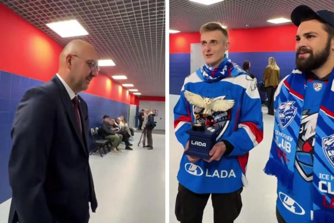 Павел Десятков встретился и пообщался с болельщиками, а заодно рассмотрел новый талисман. На фото Павел Десятков, Андрей, Ярослав и белый филин | Источник: «ХК „Лада“ Тольятти» / t.me