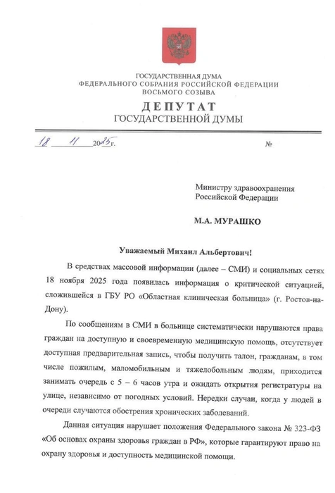 Очередь на улице занимают в пять утра. Депутат Госдумы просит проверить ростовскую больницу | Источник: Татьяна Буцкая / telegram.org