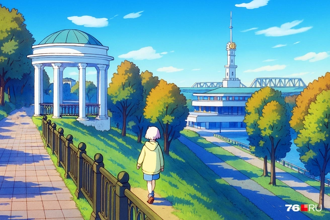 Ярославль в рисовке студии Ghibli | Источник: Кирилл Поверинов / 76.RU, Полина Авдошина / Городские медиа, нейросеть GPT-4o