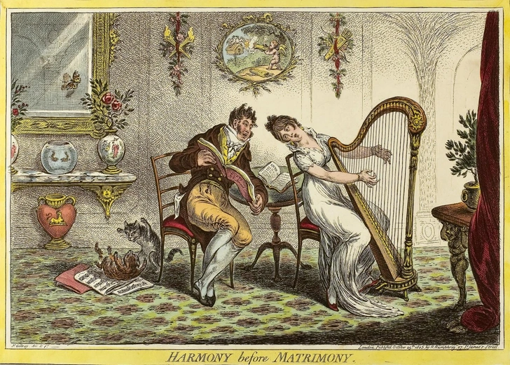 Гармония до брака. Ок. 1805, гравюра Джеймса Гилрея. Молодая женщина и модно одетый молодой человек поют дуэтом. На столе между ними лежит раскрытый экземпляр «Искусства любви» Овидия | Источник: Legion Media
