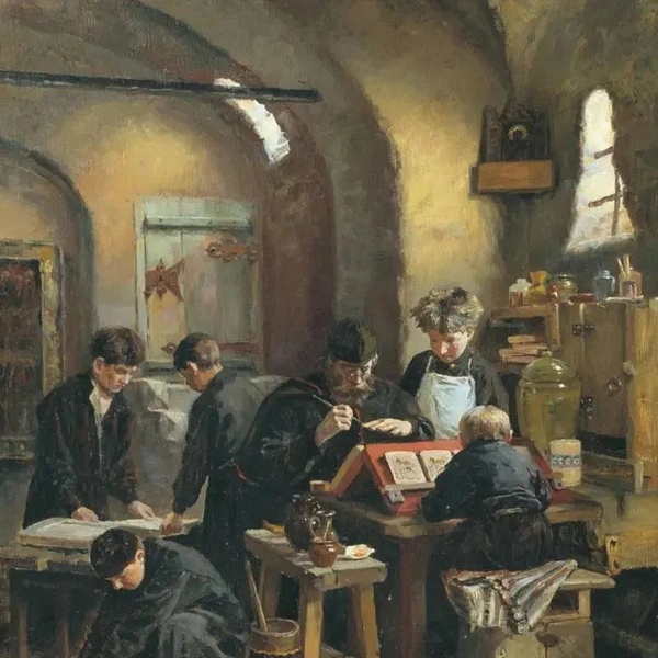 Елена Поленова. «Иконописная мастерская XVI столетия». 1887 | Источник: Wikimedia Commons