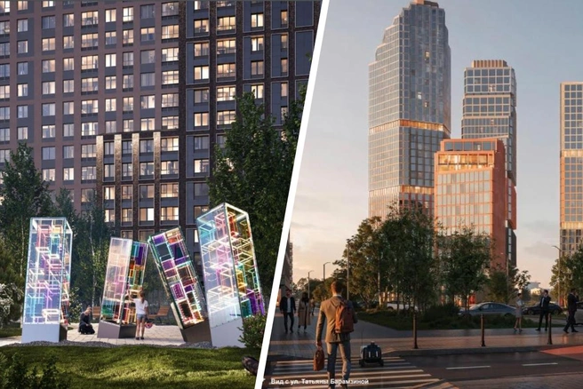Слева — эскизы застройки в районе улицы Левченко, справа — будущий район ДКЖ | Источник: Минимущества Пермского края / Telegram, МЛА+